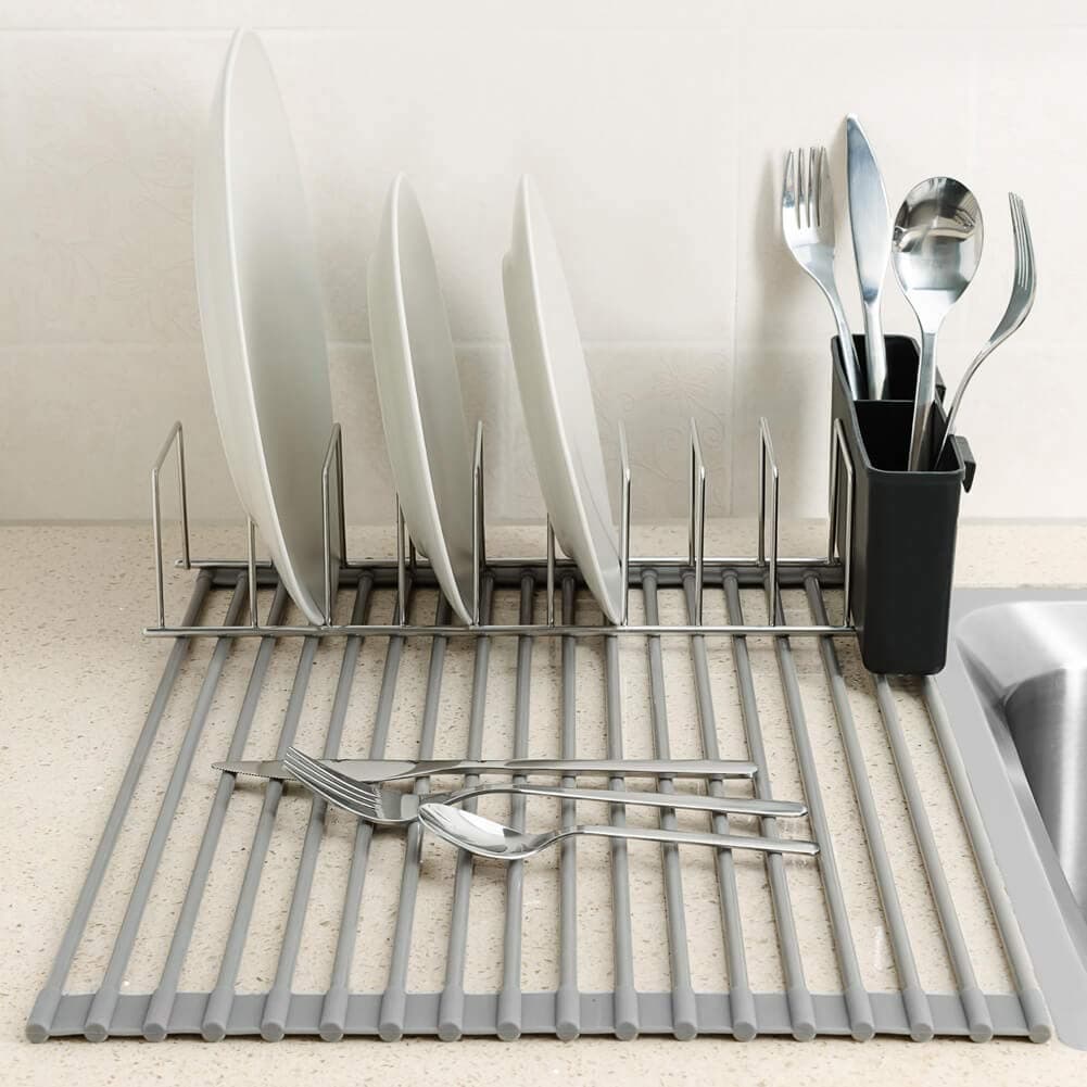 ARCCI Roll Up Drying Rack Silicone-coated & Dishes Drying Holder Stainless Steel with Utensil Holder, Multipurpose Sink Drainer, Heat Resistant Mat for Kitchen