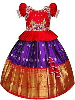 White ButtonGirls Jacquard New South Indian Traditional Pattu Pavadai Jecquard Readymade Lehenga Choli