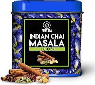 BLUE TEA - Indian Chai Masala Tea | Calming Masala Tea - 50g - 50+ Cups | MASALA SPICY TEA | Ginger, Cardamom, Cinnamon | Caffeine-Free | Herbal Tea | Shark Tank Featured | Tin Pack