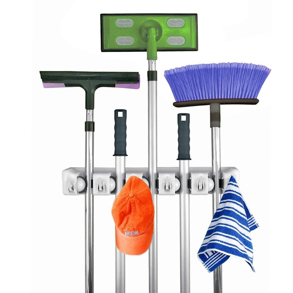 Broom Mop Holder Multi-purpose Wall Mounted Organizer for Shelving Ideas for Garage, Kitchen, Basement or Laundry Room