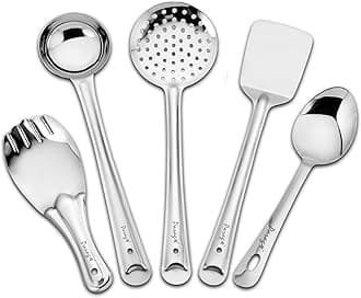 5 Pieces Stainless Steel Kitchen Tools Set for Kitchen Cooking and Serving, Pack of 5, Ladle(Karchhi), Skimmer(Jhara), Turner/Spatula (Palta), Basting and Rice Spoon, Silver, 34.5 cm