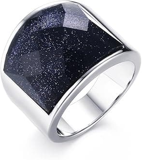 Stainless Steel Vintage Square Gemstone Blue Black Sandstone Band Ring for Men, Metal, Cubic Zirconia