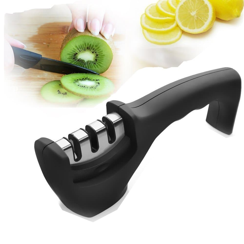Stainless Steel Knife Sharpener - Curve Handle 3 Stage Professional Kitchen Use, for Steel and Ceramic Knives in All Sizes, Black