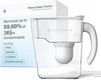 Clearly Filtered No.1 Filtered Water Pitcher/Updated Model/Targets 365+ Contaminants e.g. Fluoride Chlorine PFAS Microplastics Lead Arsenic BPA/BPS Free (Pitcher Includes 1 Filter)