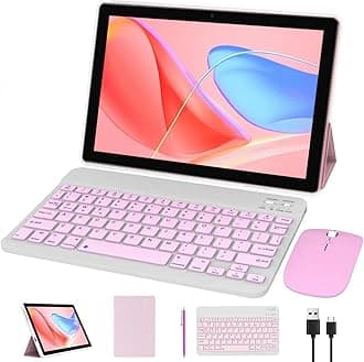 Tablet 10 Inch Android 15 Tablets 2 in 1 Tablet With Keyboard 64GB+8GB RAM 10.1" Tablets 8MP Camera 6000mAh Battery, Include Keyboard/Mouse/ Case/ Stylus Pen/Bluetooth Wifi-6 Tab Pink/Girl Tableta PC
