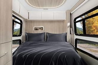 Homiest 4pcs RV Short Queen Satin Sheets Set Luxury Silky Satin Bedding Set with 10" Deep Pocket, Camper Queen Sheets, 1 Fitted Sheet + 1 Flat Sheet + 2 Pillowcases (RV Short Queen, Black)