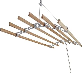 Clothes Airer Ceiling Pulley Maid Traditional Mounted Clothing Dryer 6 Lath Laundry Drying Rack Rail 1.2m White