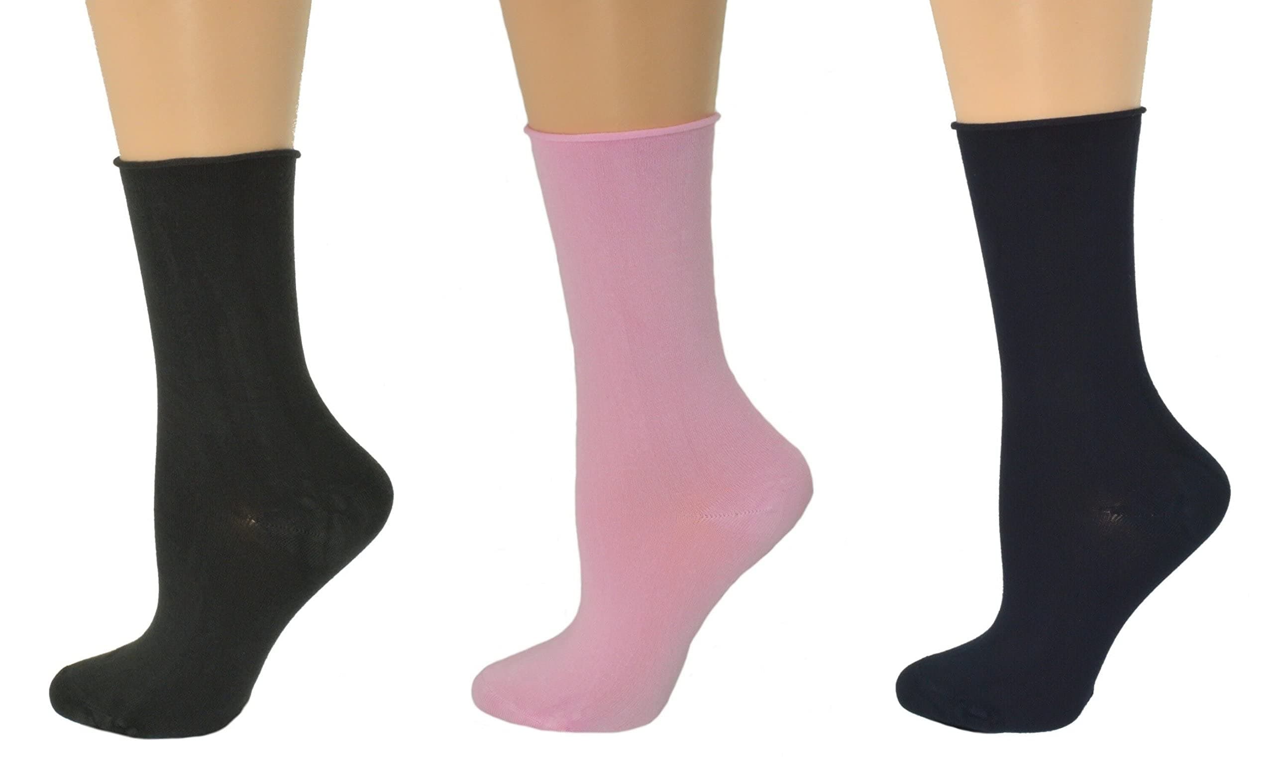 Sierra Socks Rayon Derived from Bamboo Roll Top Mid-Calf Crew Socks 3 Pair Pack (Navy/Brown/Pink)
