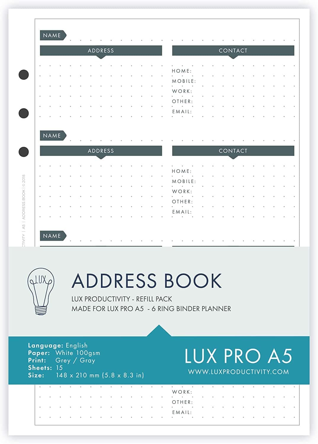 LUX PRO A5 - REFILL PACK - Address Book - LUX PRODUCTIVITY
