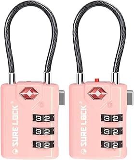 SURE LOCK TSA Approved Combination Luggage Locks with Open Alert Indicator – Durable Zinc Alloy Cable Travel Locks with Large Easy-Read Dials for Suitcases, Backpacks & Gym Bags(2, Pink 2 Pack)