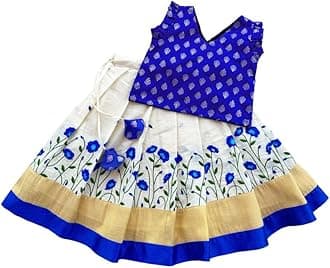 Stanwells KidsLehenga Choli For Girls Floral Pattern Traditional Dress Ethnic Wear For Baby Girls Peacock Cotton Silk Kerala South Indian Pattu Pavadai Lehenga for Kids