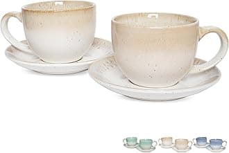 Bosmarlin Ceramic Cappuccino Cup and Saucer Set of 2, 10 Oz, Dishwasher and Microwave Safe, Coffee Cups for Latte, Espresso, Tea, Reavtive Glaze (Brown)