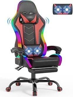 Devoko LED Gaming Chair with Footrest – Ergonomic Reclining Game Chair for Adults with Massage Lumbar Cushion, RGB Lights, High Back, Adjustable PC Gamer Chair, Red