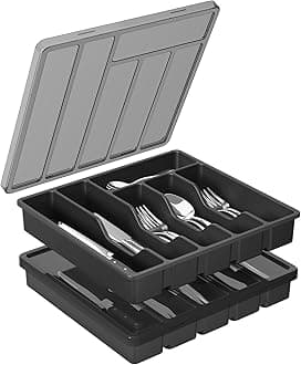 Lifewit Cutlery Tray with Lid, Cutlery Storage Box for Kitchen Drawer and Countertop, Plastic Cutlery Drawer Organiser for Spoons Forks Knives Holder Storage Insert, 6 Compartments, 2 Pack, Black