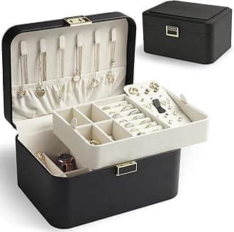 KAMIER Jewelry Box ,2 Layer Jewelry Organizer for Earrings Bracelets Rings Necklaces,Luxury Leather & Soft Velvet Lined,Gift Box Packaging,Black