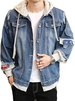 Lavnis Men's Denim Hooded Jacket Casual Button Down Ripped Jeans Jacket Coat Outwear