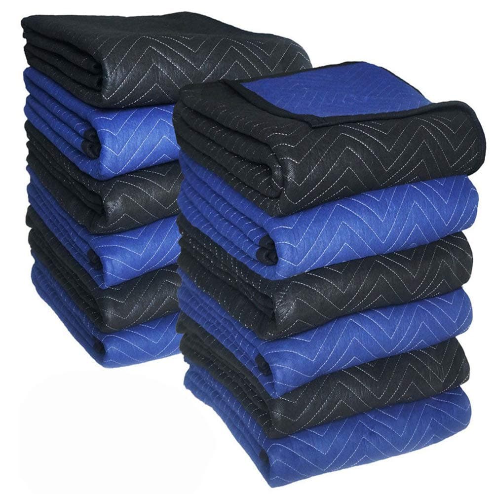 65-70 Lbs/Dozen Supreme Moving Blankets - Ultra Thick Pro(Double Batting) - 72" x 80", 12 Pack, Black/Blue - Southern Wholesales