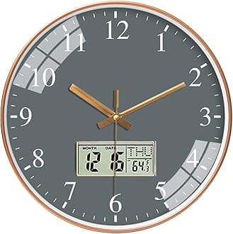 STAR WORK Digital Wall Clock for Home Stylish | Analog and Digitals Watches |Year Month Day Date and Room Humidity Temperature Thermometer Display (12 Inches,Glass) (Grey)