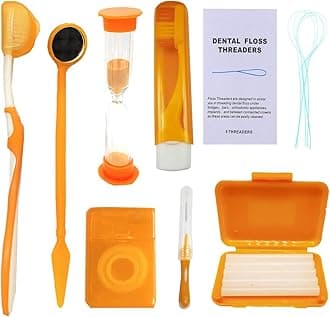 Braces Cleaning Kit for Teeth - Portable Orthodontic Toothbrush Oral Care Travel Kit With Interdental Brush, Wax, Floss, and Toothbrush Box (Orange)