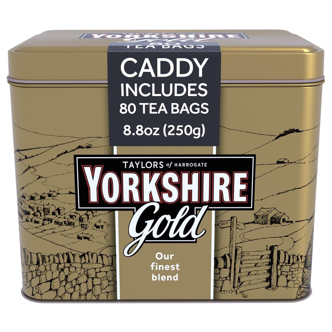 Gold, 80 Teabags, Gift Tin Caddy, Premium Blend, Rich, Smooth, and Satisfying, Classic British Breakfast Blend, Caffeinated, Enjoy Hot with Milk, 80 Teabags