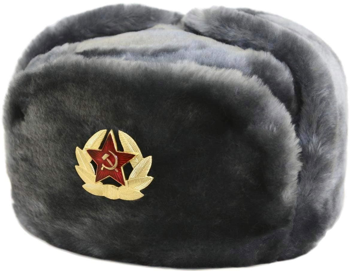 SIBERHAT Russian Soviet Army Fur Military Cossack Ushanka Hat with Soviet Soldier Insignia Gray