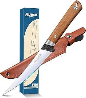 Huusk Fillet Knife for Fish - 6" Japanese Fish Knives Professional Flexible Boning Knife with Sheath, Ergonomic Wooden Handle Filleting Knives for Meat Cutting, Christmas Gift for Men and Women
