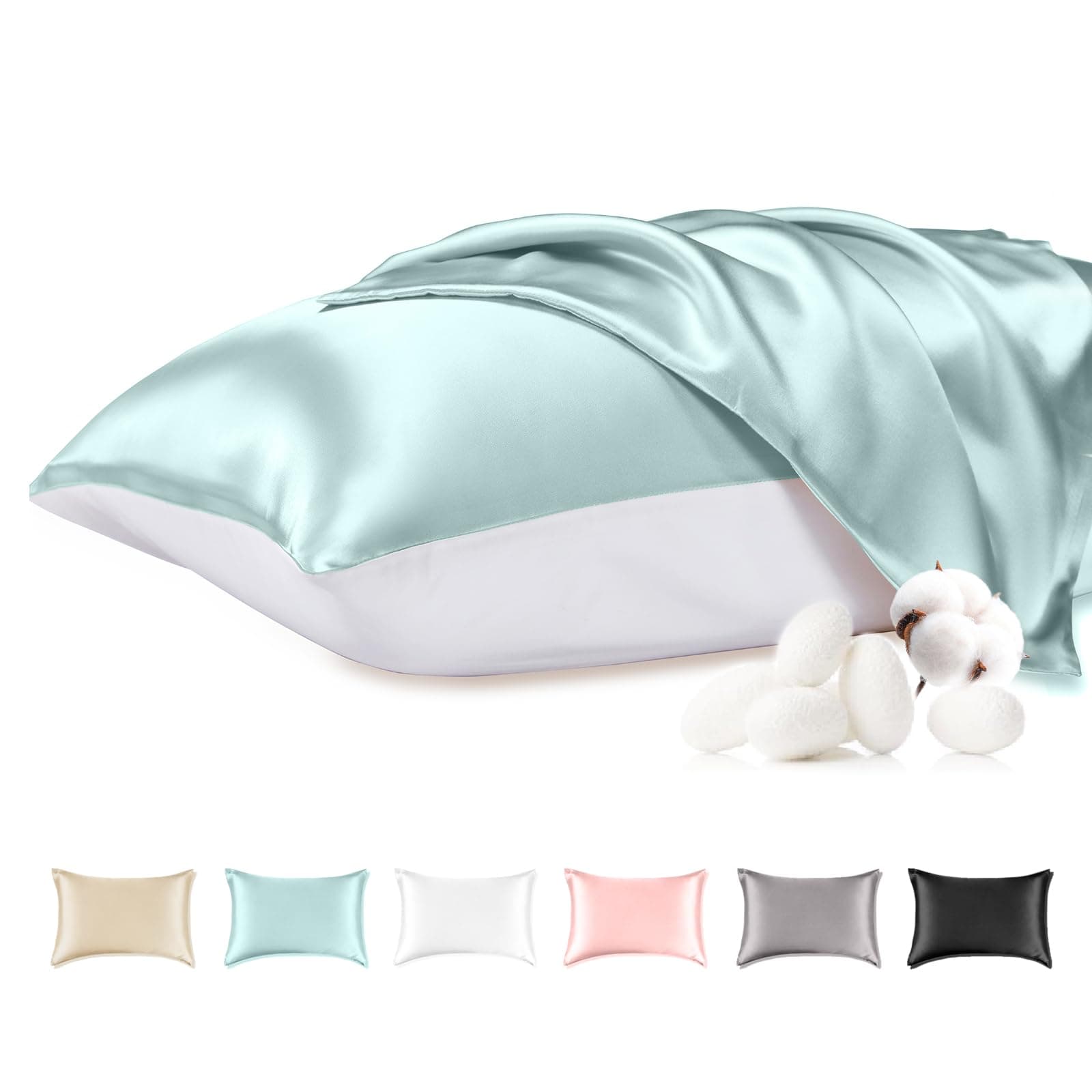 THXSILK 100% Mulberry Silk Pillowcase with Cotton Underside, Silk Pillowcase for Hair and Skin, Standard Size Grade 6A+ Silk, Soft Breathable Pillow Cover with Zipper, 1 Pack (Light Blue,Standard)