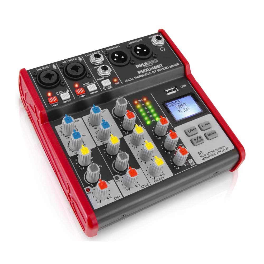 Studio Audio Sound Mixer Board - 4 Channel Bluetooth Compatible Professional Portable Digital DJ Mixing Console with USB Mixer Audio Interface - Mixing Boards For Studio Recording - PMXU48BT