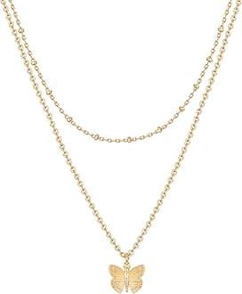 14K Gold Plated Layering Necklaces | Stylish Minimalist Design Pendant Necklaces | Butterfly, Heart, Lock, Evil Eye, Coin, Lightning Bolt, Circle, Cross Pendants for Women - Valentines Day Trendy Jewelry