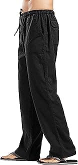 Men's Cotton Linen Pants Loose Fit Casual Yoga Pants Drawstring Elastic Waist Straight Legs Pants
