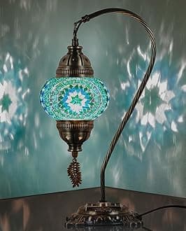 Turkish Moroccan Mosaic Table Lamp–Handcrafted Tiffany-Style Colorful Glass Swan Neck Bedside, Desk Light, Boho Artisan Accent Lighting for Bedroom, Living Room–38cm H, Turquoise