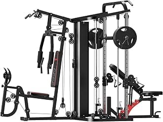 SunHome Multifunction Home Gym Equipment Workout Station, Smith Machine with 138LB Weight Stack, Leg Press, LAT Station for Full Body Training