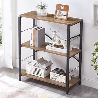FOLUBAN Small Bookshelf, 3 Tier Open Book Shelf, Rustic Wood and Metal Shelving Unit for Small Space, Oak