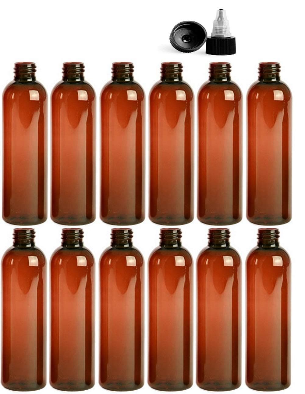 8 Ounce Cosmo Round Bottles, PET Plastic Empty Fillable BPA-Free, with Black/Natural Twist Caps (Pack of 12) (Amber)