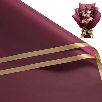 RUSPEPA 20 Sheets Flower Wrapping Paper - 57x57cm Gold Edge Waterproof Floral Bouquet Packing Paper - Florist Supplies Packaging for Birthday, Wedding and DIY Crafts - Wine Red