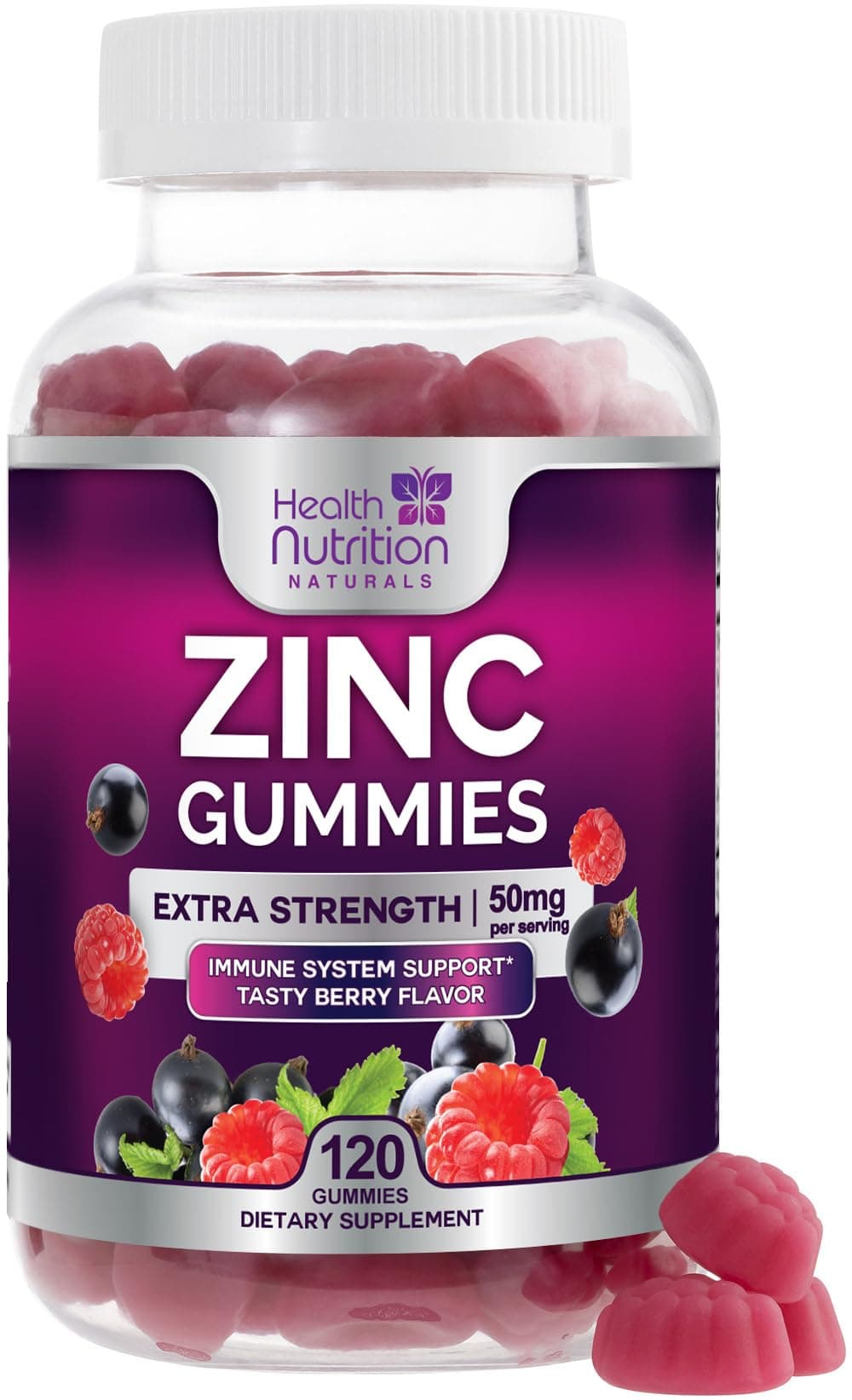 Zinc Gummies - 50mg per Serving Extra Strength Immune Support Antioxidant Gummy, Non-GMO & Gluten Free - Best Zinc Supplement for Skin Bone & Heart Health - Chewable Tasty Berry Flavor - 120 Gummies