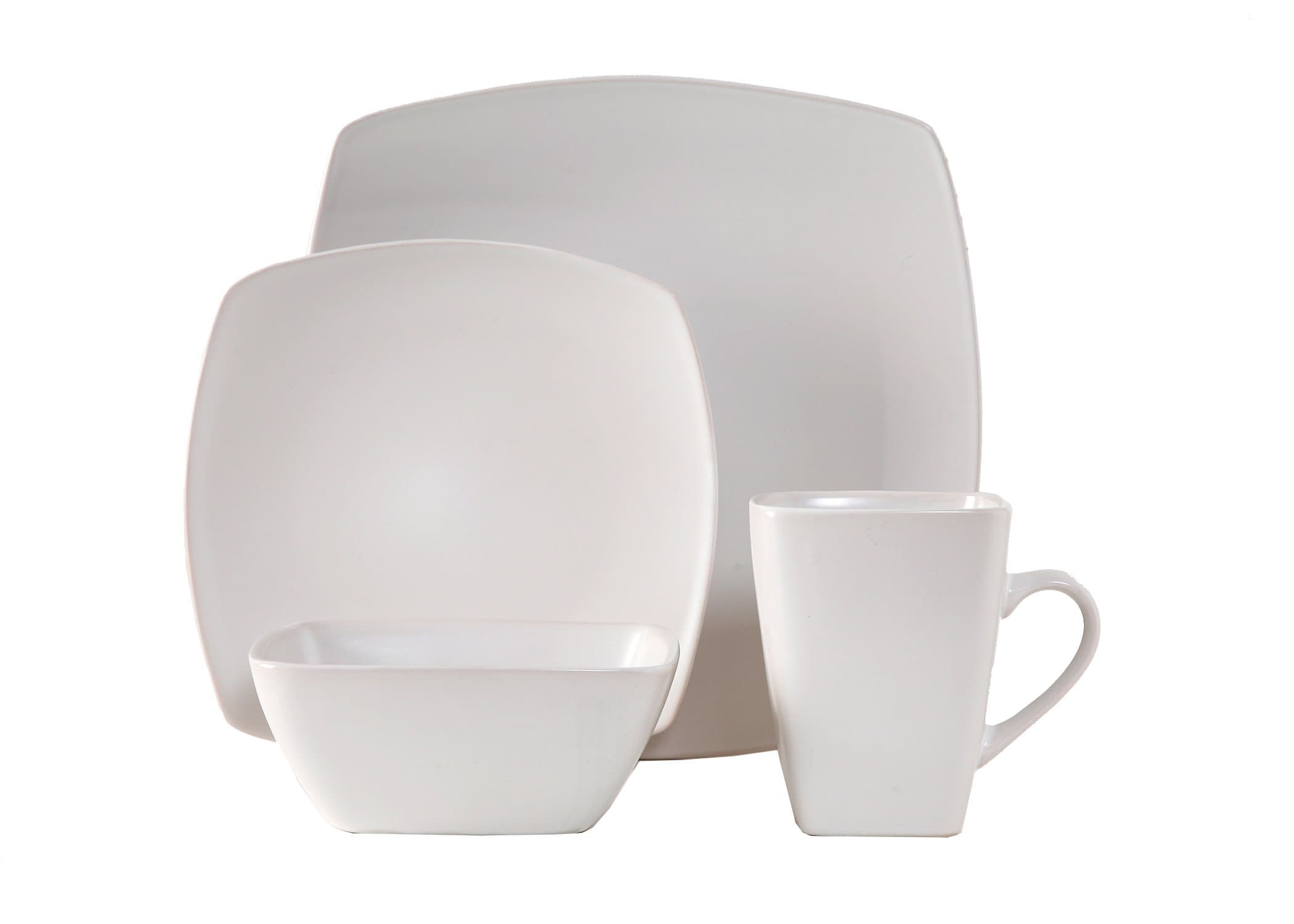 Lynns Granite Coquina 16-Piece Square Dinnerware Set, Service for 4, White; Matte, Stoneware Texture, Modern