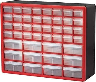 Akro-Mils 44-Drawer Plastic Drawer Storage Cabinet for Garage Organization, Bead Organizer, Building Bricks Storage, Teacher Toolbox, Makeup Organizer, 20" W x 6" D x 16" H, 10144 Red