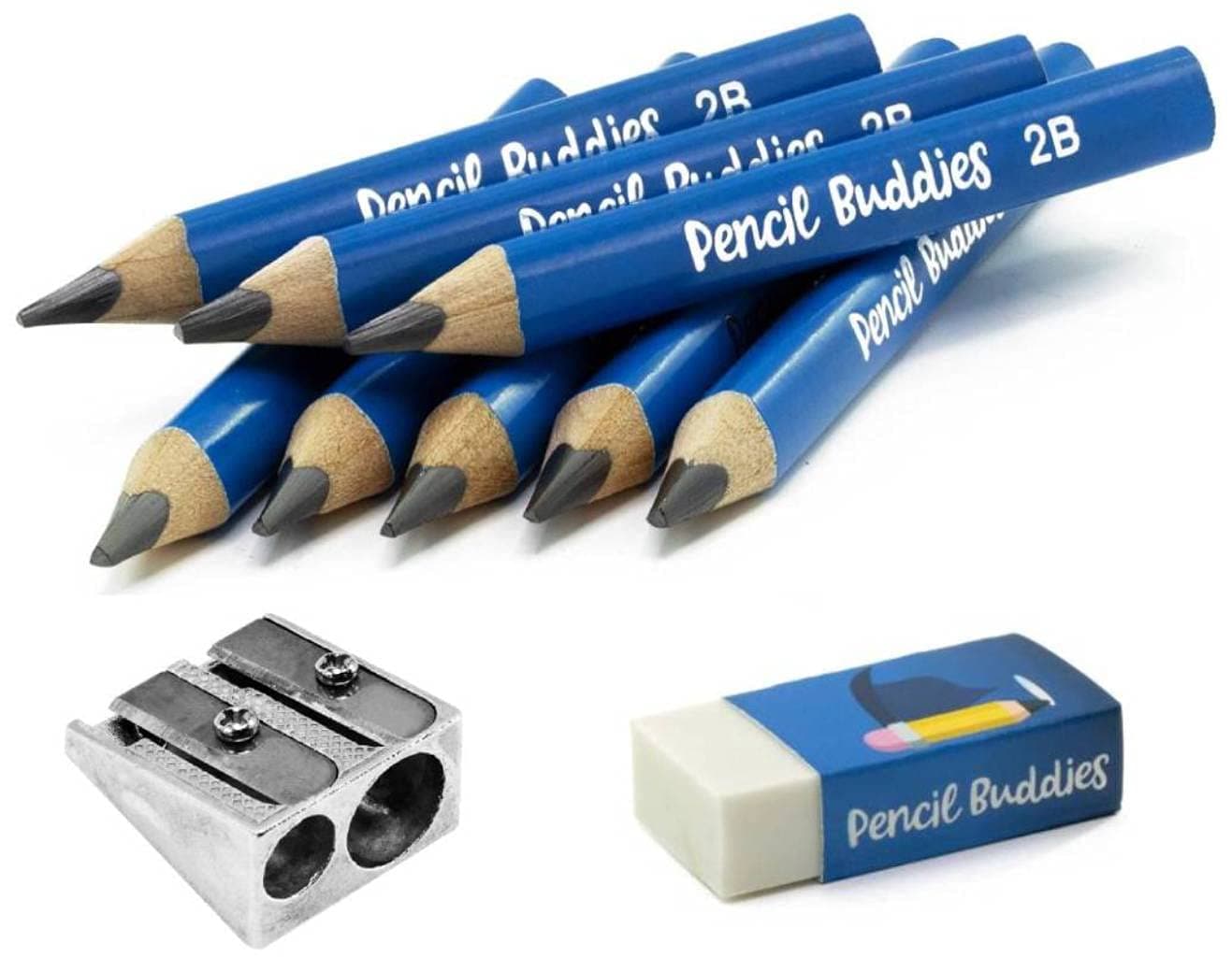 Pencil Buddies Short 2B Jumbo Pencils for Kids, Thick Triangle Shape, 2-8 Year Olds, Preschoolers, Kindergarten, Toddlers, 5 MM Fat Core, Pencil Sharpener and Eraser (Single Pack, Light Blue)