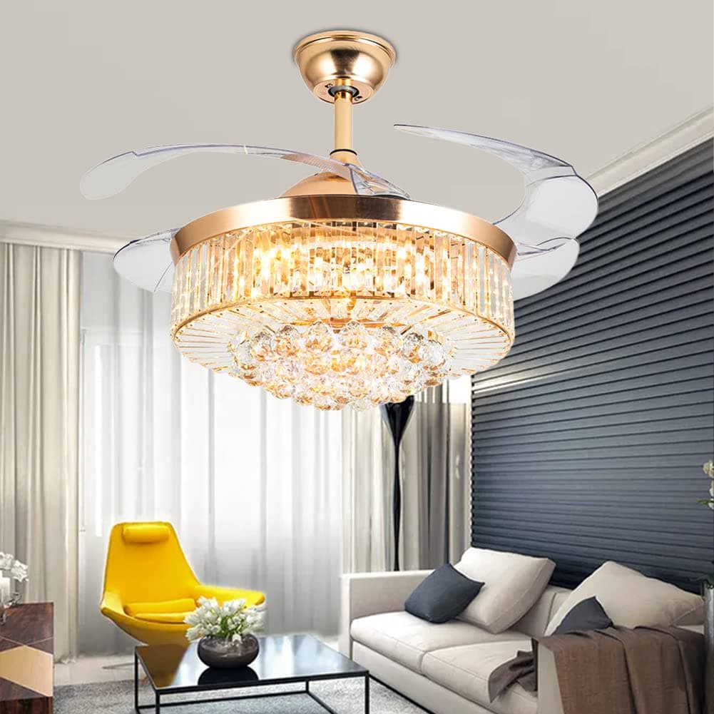 Razaban 42 inch Crystal Ceiling Fan Light with Remote, Modern Invisible Silent Ceiling Fans with Lights 3-Color Change Chandelier Lighting for Dining Lining Room (A)