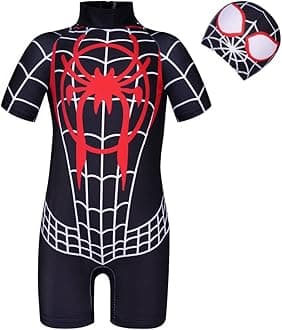 URAQT Boys Swimming Costume One Piece Short Sleeve Swimwear Set with Cap - Kids UV Protection Swimsuit, Cartoon Rash Guard for 2-9 Years (Black Red-L)