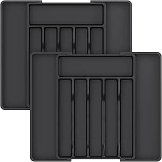 Lifewit Silverware Drawer Organizer, Expandable Utensil Tray for Kitchen, Adjustable Flatware and Cutlery Holder, Compact Plastic Storage for Spoons Forks Knives, 2 Pack, Black