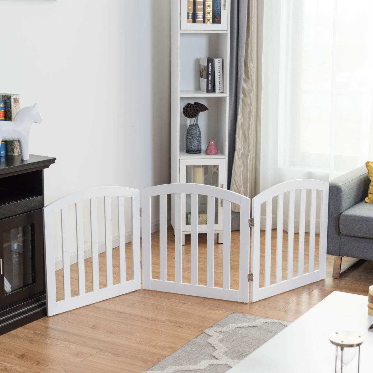 PESJOY Step Over Pet Gate, 24 in Tall 72 in Wide Freestanding Dog Fence Configurable Wooden Dog Gate with 3 Foldable Panels for House