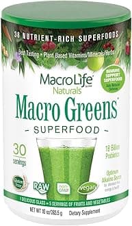 Macro Greens Superfood - 18 Billion Non-Dairy Probiotic Cultures - Raw Green Superfood With Concentrated Polyphenols - Certified Organic Barley Grass Powder - 5+ Servings Of Fruits & Vegetables