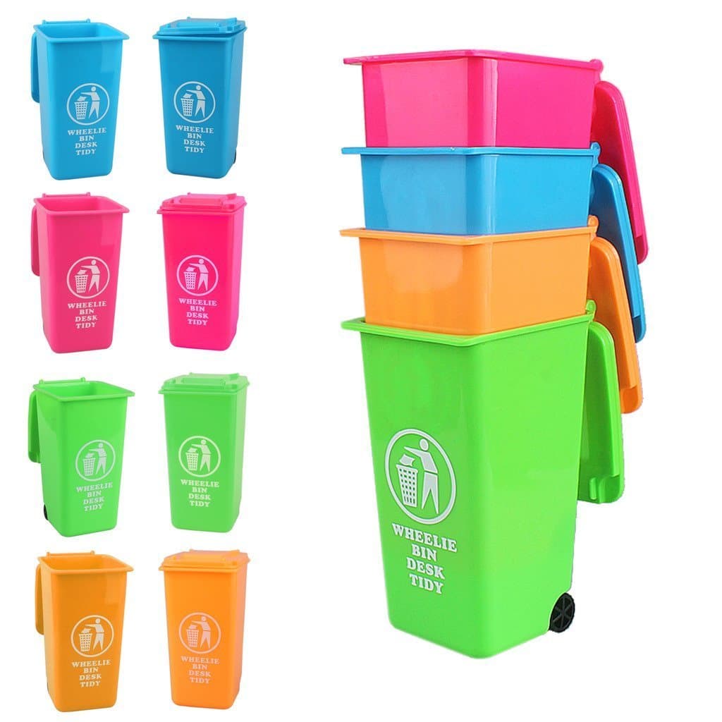Mini Stationery Desk / Kitchen Tidy Wheelie Bin - 16cm - Assorted Colours - Pink, Green, Red and Blue (4 pack)