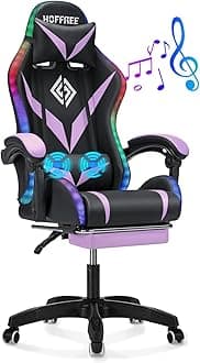 HOFFREE Gaming Chair Massage with Bluetooth Speakers and Led Lights Ergonomic Computer Gaming Chair with Footrest RGB Video Game Chair with High Back Lumbar Support Purple and Black
