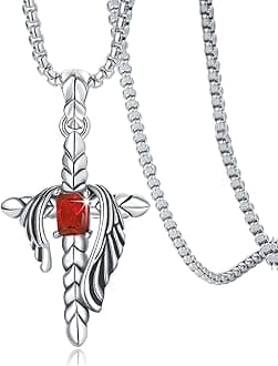 YAMICross Necklace for Men, Punk Angel Wings Stainless Steel Cast Pendant with Zircon gem Birthstone Necklace, Handmade Fashion Faith Jewelry Gifts, 24 Inch Chain