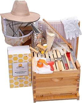 10 Frame Bee Hive Starter Kit and Beekeeping Supplies, Beeswax Coated Bee Hives Boxes Starter Kit with Beehive Tool Kit Includes Bee Smoker Beekeeper Hat