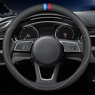 Latest Nappa Leather car Steering Wheel Cover, Stylish Non-Slip Leather car Interior 15 inches Universal Black(red and Blue Signs)