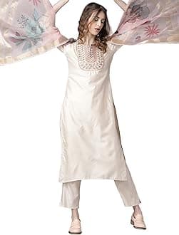 INDO ERAWomen's Embroidered Rayon Viscose Straight Kurta with Pant & Dupatta Set